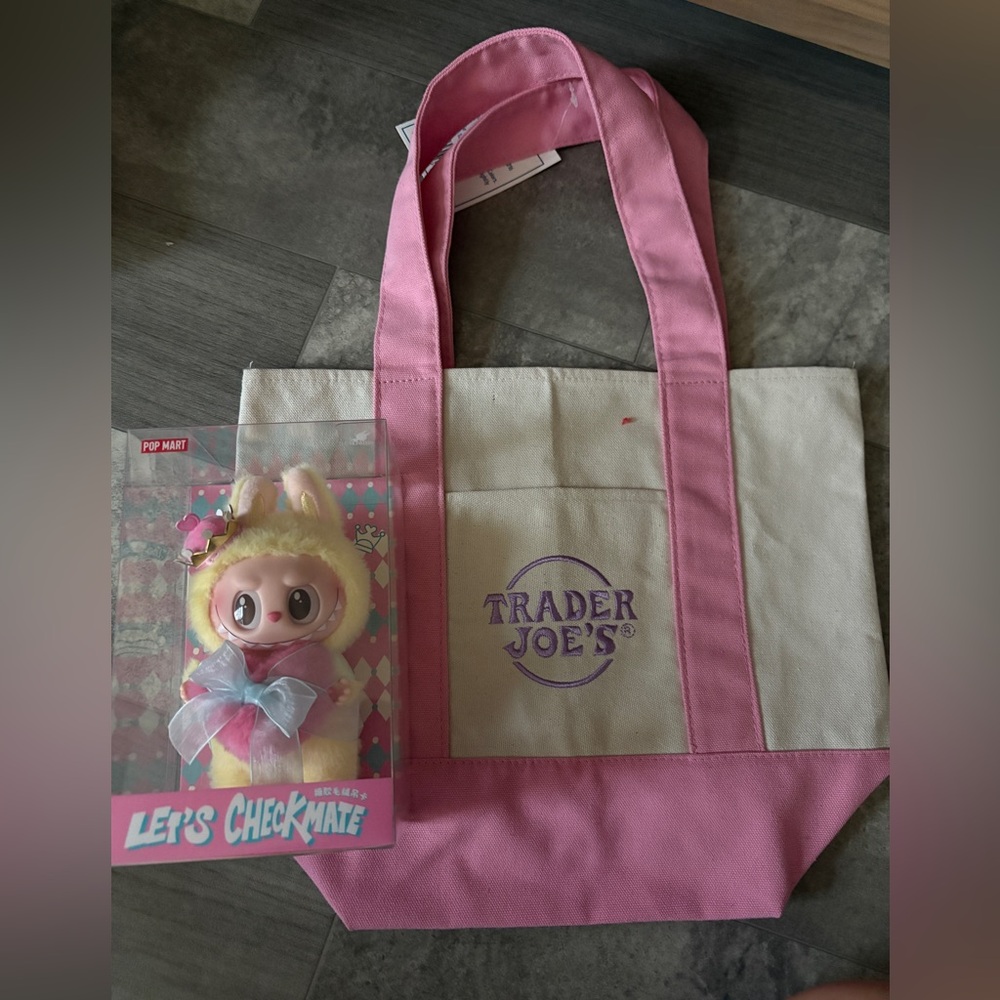 Trader Joe’s mini canvas tote bag in pink and Labubu Let’s Checkmate